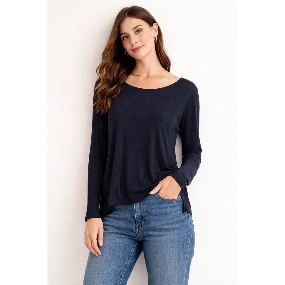 VINCE Navy Blue Long Sleeve Side Slit V-Neck Top M Silk Trim Basic Minimal Luxe